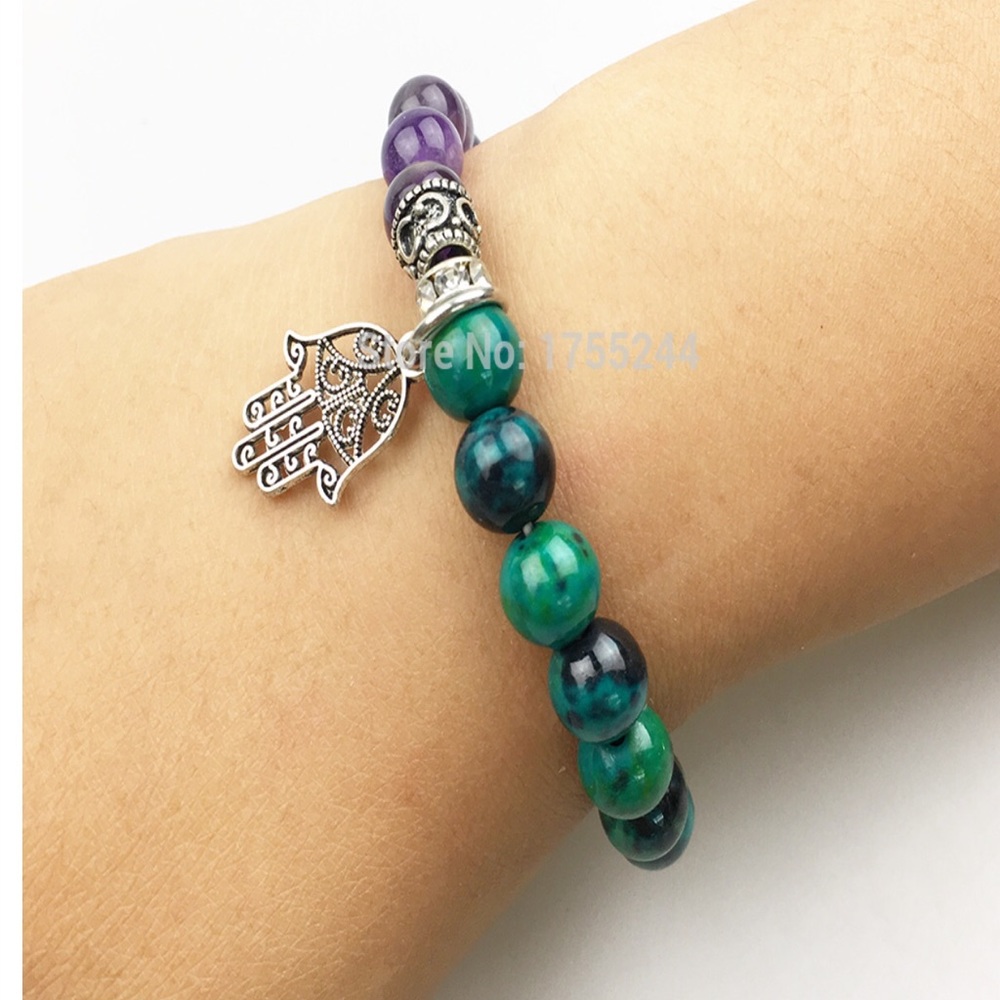 8 mm Hamsa Chrysocolla and Amethyst bracelet